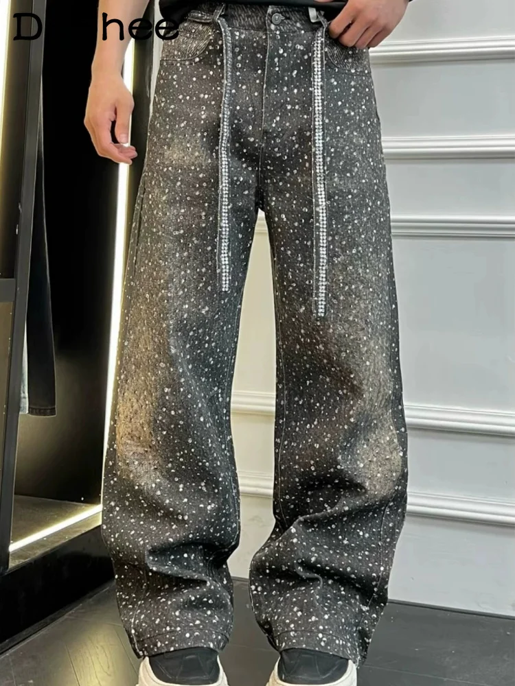 

Men's Women's 2026 Spring Fashion Full Diamond Printing Belt Solid Color Jeans Loose Comfort Trendy Jeans Couple Straight Pants