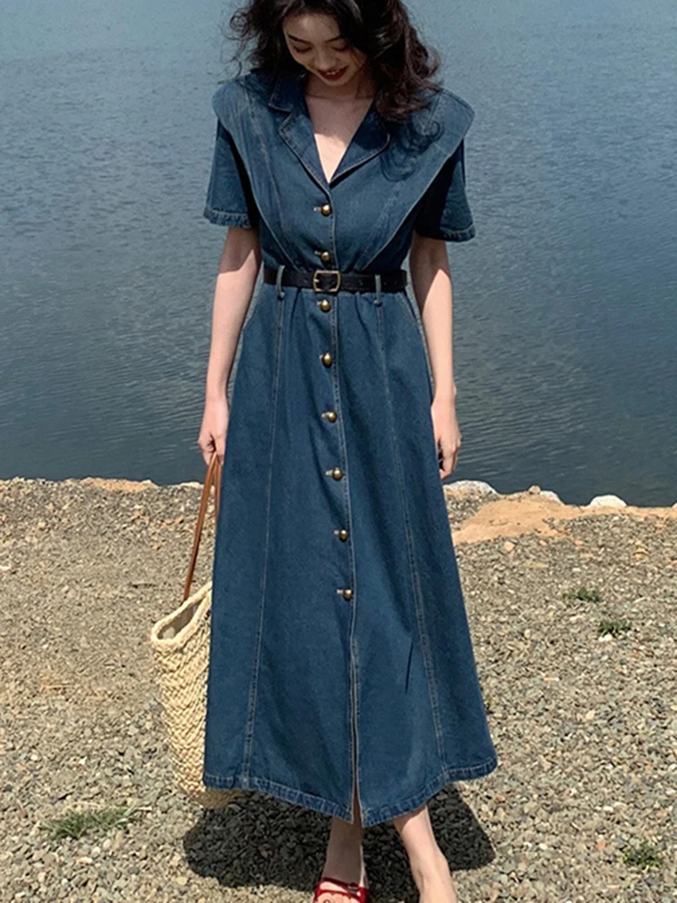 Vintage Notched Collar Short Sleeve Summer Jeans Dress Women Elegant Single-Breasted Pocket Denim Mid-Length Dress Female 2023