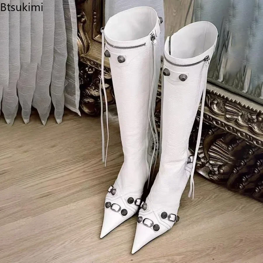 New 2024 Women\'s Sexy High Heels Long Boots Pointed Toe Tassel Design Long Boots Female Metal Nails Spicy Girl Motorcycle Boots