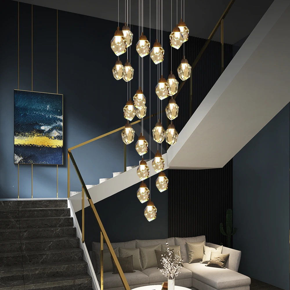 Modern LED Crystal Chandelier Staircase Living Room Pendant Lamp Cristal Creative Hanging Lamp Large Indoor Lighting Fixture