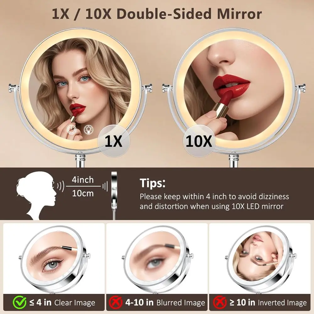 مرآة مكياج مضيئة: 4000 مللي أمبير قابلة لإعادة الشحن، مكبرة مزدوجة الجوانب 1x/10x، تعتيم 3 ألوان، 360 درجة ° مرآة الغرور الدوارة واي #3