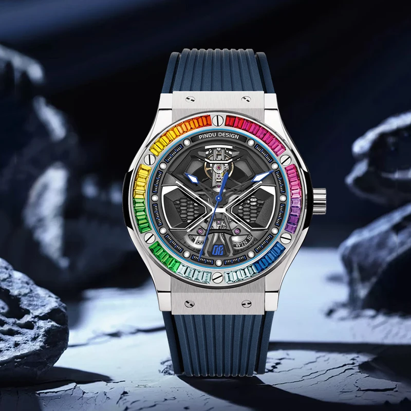 PINDU Watches High Quality Luxury Color Diamond Mechanical Watch For Men Waterproof Stainless Steel Silicone Strap Fashion Watch