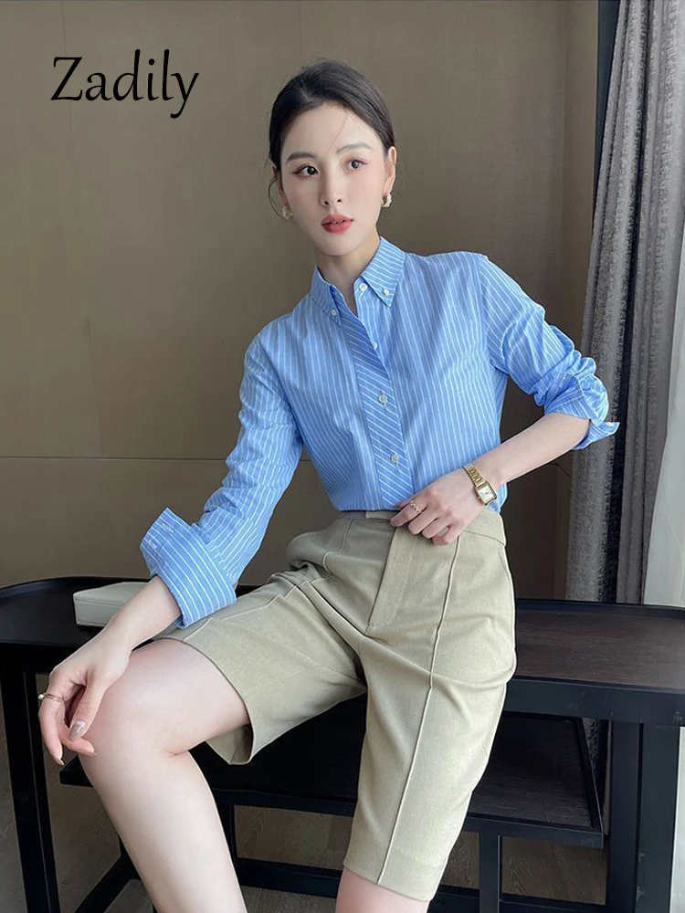 Zadily 2023 Autumn Office Lady Long Sleeve Women Basic Striped Shirt Korea Style Blue Button Up Work Blouse Female Clothing Tops