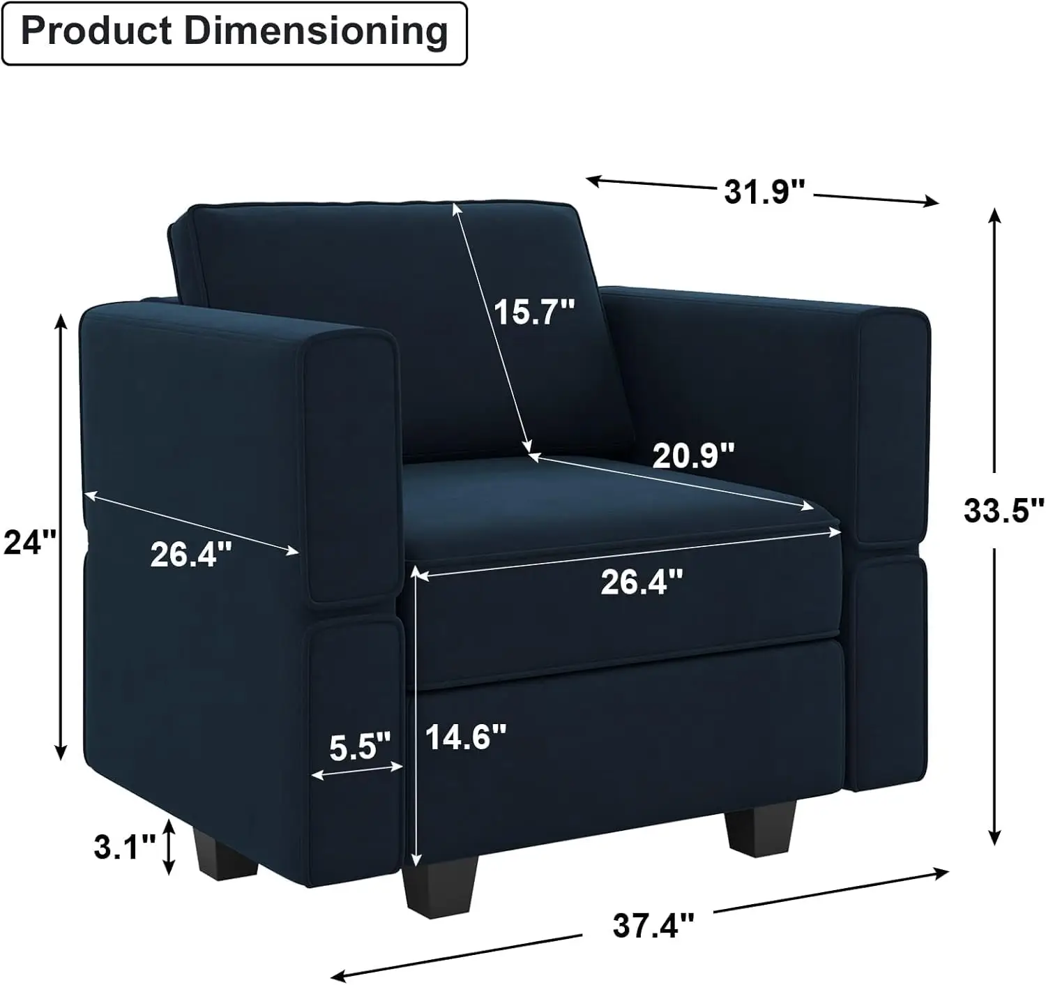 Modular Sectional Arm Accent Chair with Storage Seat Velvet Armchair Single Sofa Club Chair Blue