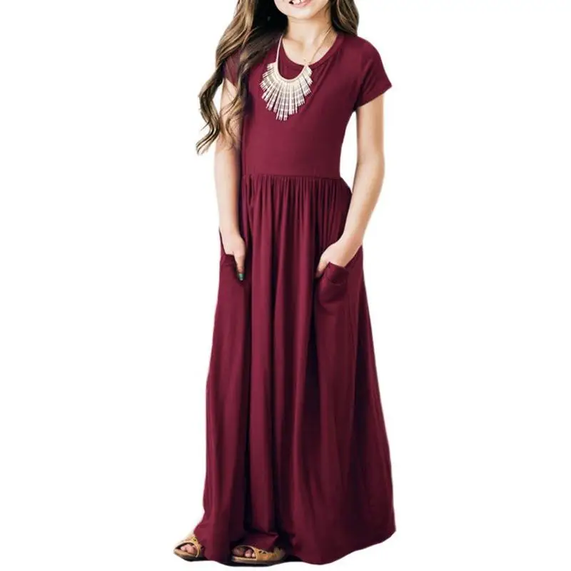Sommer Mädchen Neue Einfarbig Kurzarm Langes Kleid Strand Party Geburtstag Casual Mode Zeigen Vielseitig A-Line Kleid – Detail 13