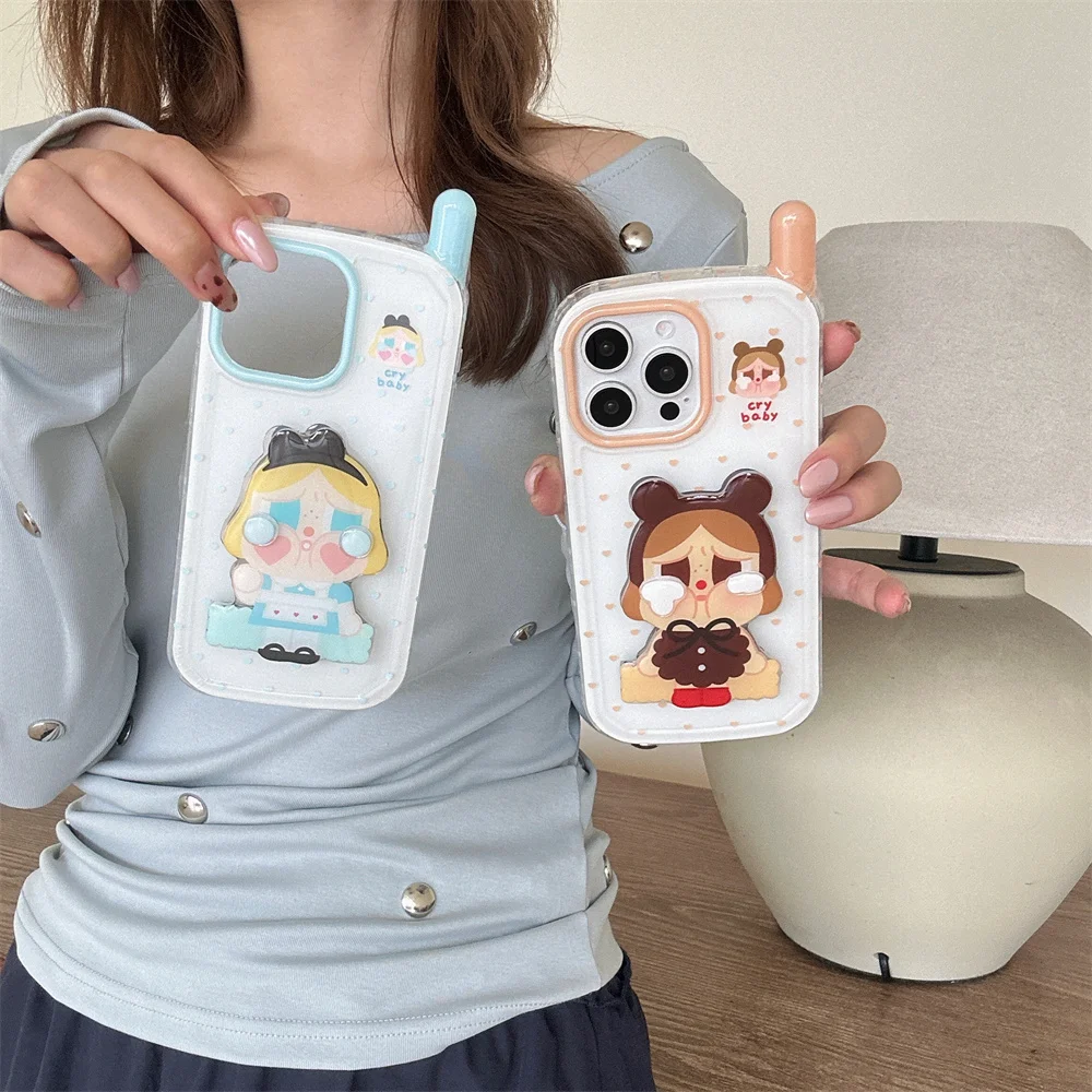 

Korean Cute 3D Mobile With Mirror stand Phone Case For iphone 14 15 16 Pro Max Cry Girls Fundas For 15 pro 16 Protective cover