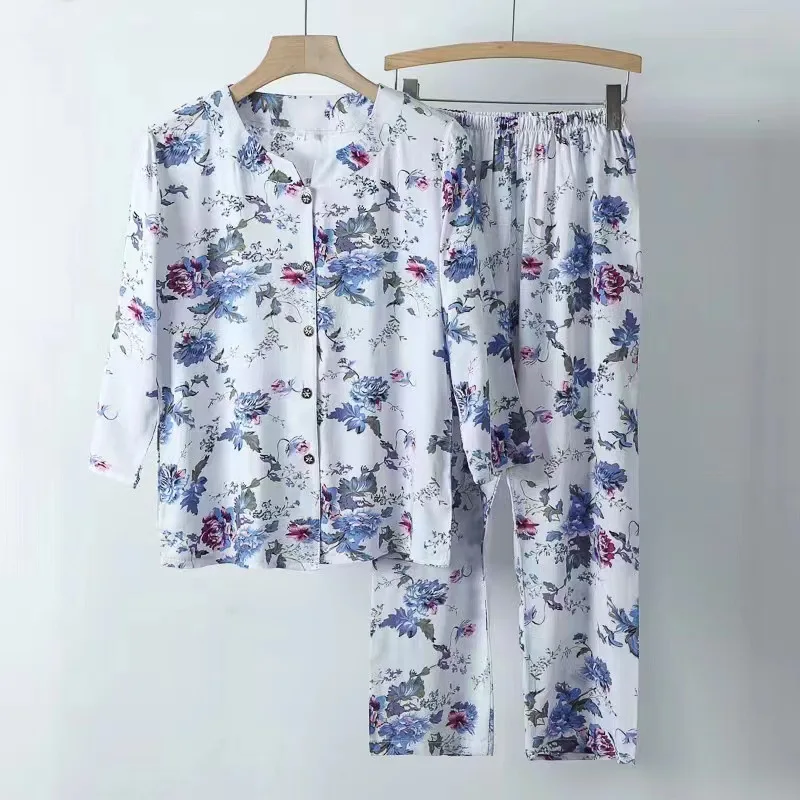 Ropa de dormir de manga larga para madre de mediana edad, traje estampado de dos piezas, conjuntos de pantalones, pijama coreano para mujer, XL-5XL