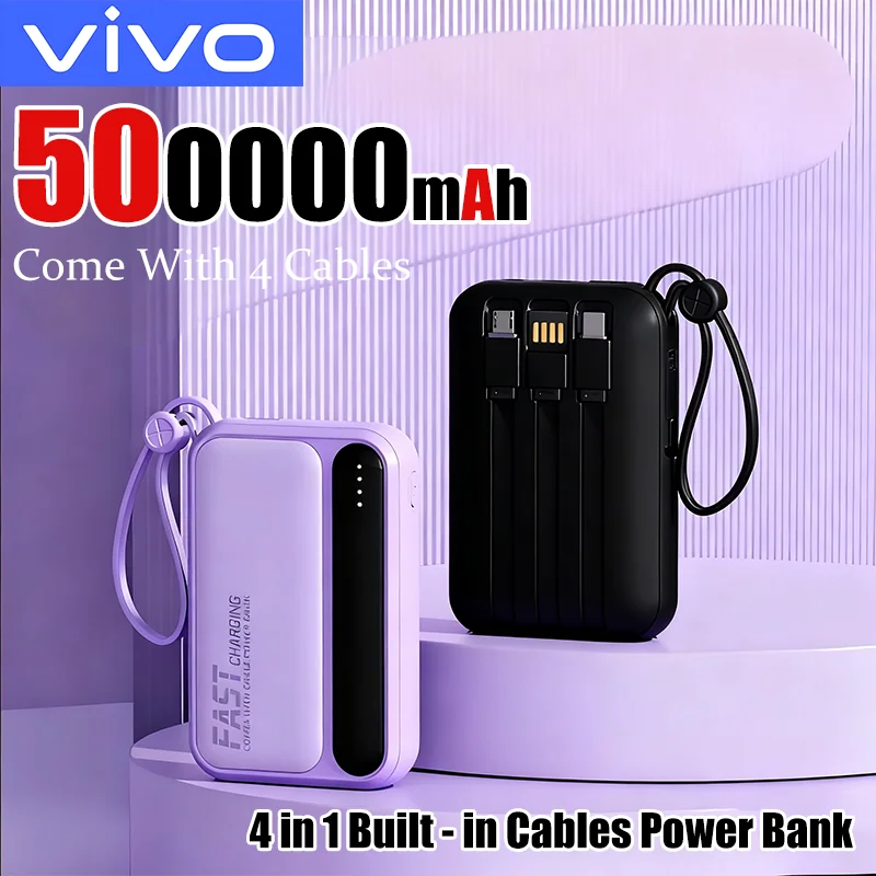 

Портативный внешний аккумулятор VIVO 500000 мАч со встроенными 4 кабелями, большой емкости, супербыстрой зарядкой для всех телефонов, НОВИНКА 2026 года