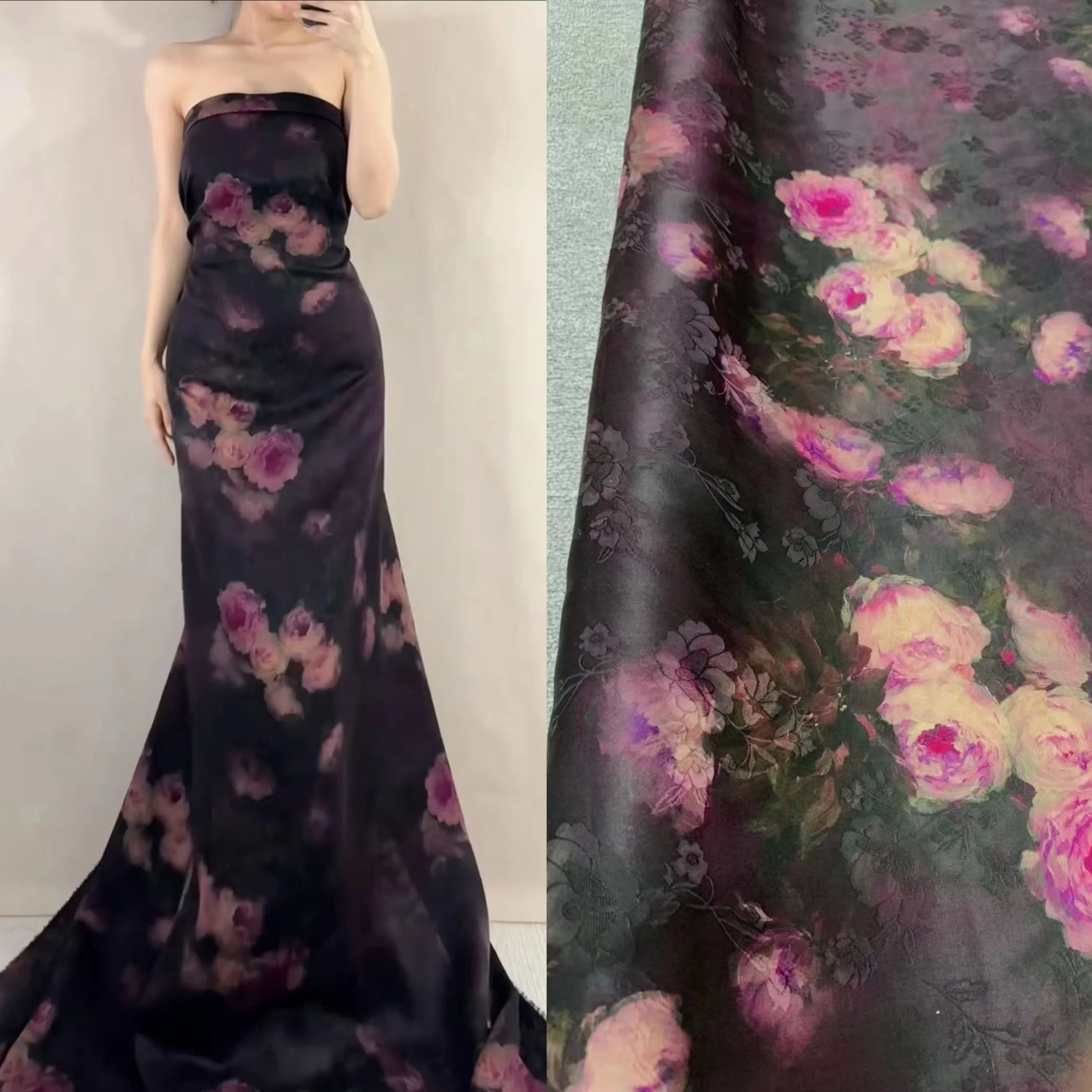 

Ткань для платья с рисунком розовых роз в стиле масляной живописи, высококачественная, с вырезами, цветочный узор, красное облако, шелковая, для платья-комбинации