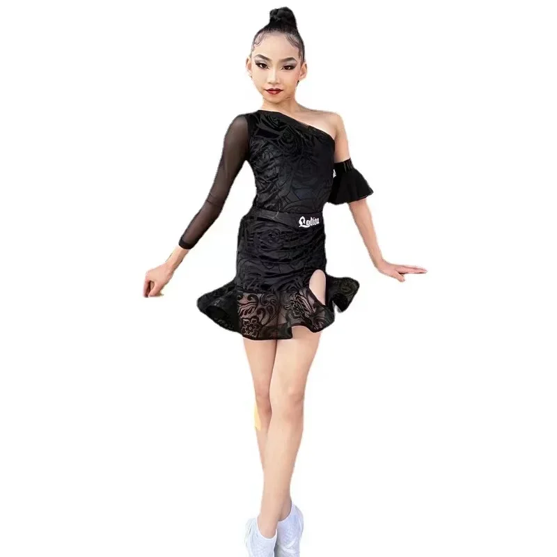 Vestido de dança latina infantil, trajes profissionais de treinamento de dança, meninas, tops pretos, saias, terno rumba, roupa de dança latina