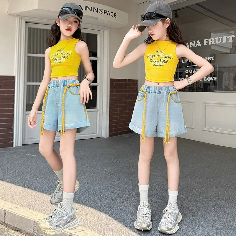 Teen Girls Casual Summer Denim Shorts Children's Half Mini Jeans for Kids Fashion Streetwear Short Pants with Rolled-Up Edge