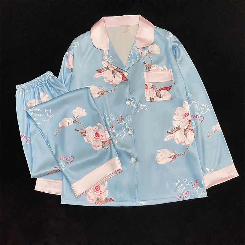 Japanese Style Blue Style Fresh Pattern Cardigan with Small Lapel Autumn Long Sleeved Pants, Home Clothing Floral Satin Silk Pjs