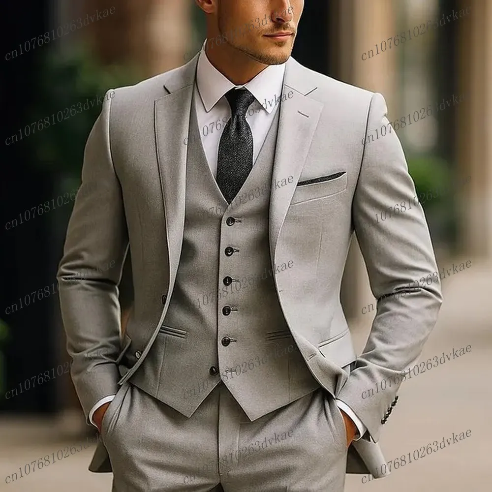 

Hot Sale Grey Men Suit Groom Groomsman Wedding Party Prom Business Formal Occasion Male Tuxedos 3 Piece Set Jacket Vest Pants