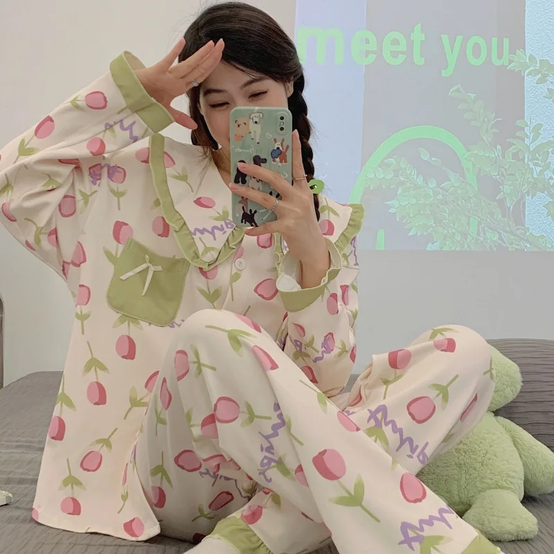 Two-Piece Spring/Autumn Collection Women's Elegant Nightwear Set Long-Sleeved Peter Pan Collar Loungewear Ensemble