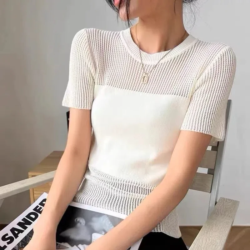 2024 New Women\'s Thin Knitted Shirt Summer Fashion Solid Color Spliced Hollow Out Chic Slim Round Neck Short Sleeve T-shirt Tops