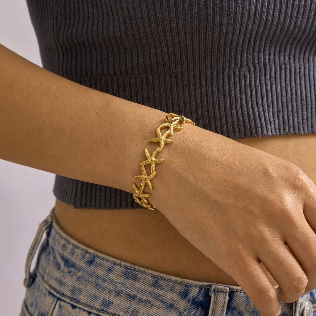 Summer Ocean Style Fish Shell Starfish Cuff Open Bangle for Women Gold Color Stainless Steel Bracelet Aesthetic Party Jewelry - view 4