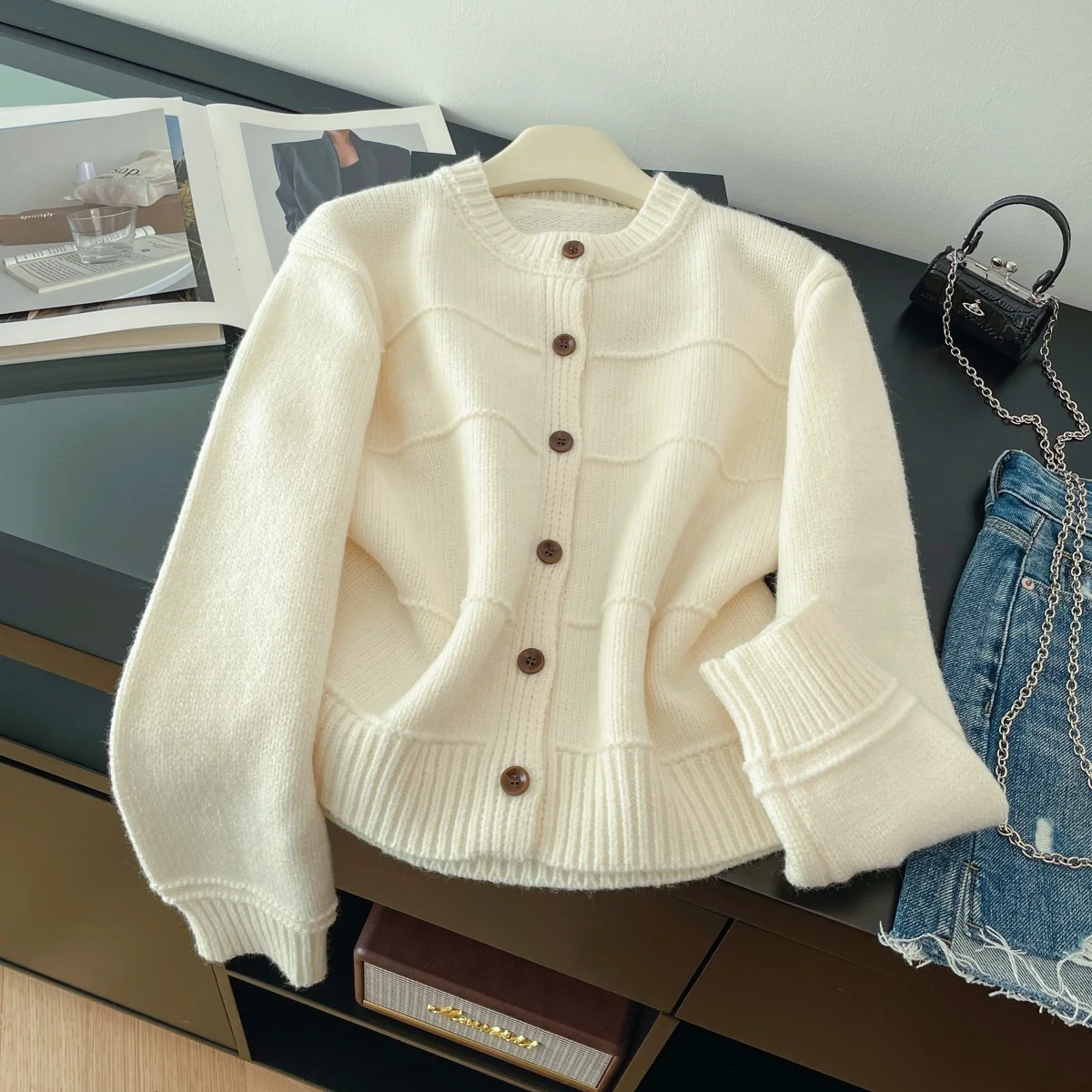 

Женский кардиган с круглым вырезом 2000-х годов, винтажный джемпер в корейском стиле, вязаный кашемировый свитер с длинными рукавами для женской одежды, осень-весна 2025