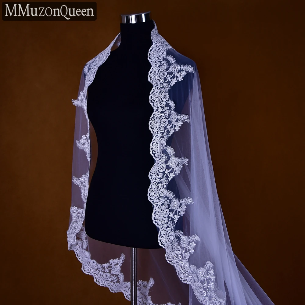 MMQ M49 Lace Edge Cathedral Veil Embroidery Fabric 1 Tier Long Mopping Wedding Veils Solf Tulle Bridal Wedding Accessories