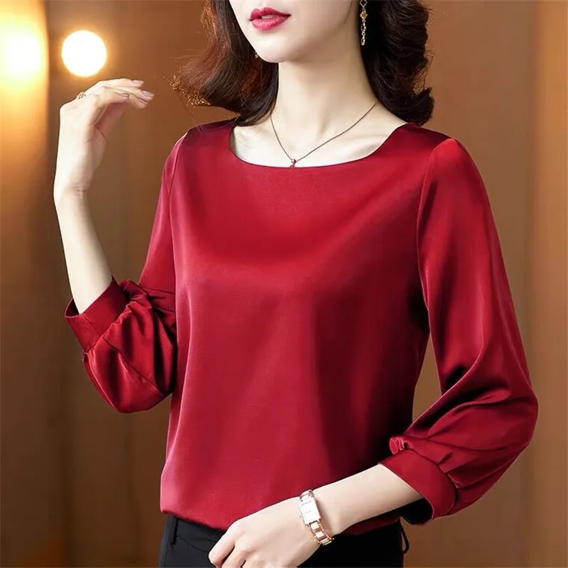 New Autunm Fashion ice Silk Top Women nine quarter Sleeve Shirts Spring Women Satin Clothing Shirt Office Lady Solid Silk Blouse