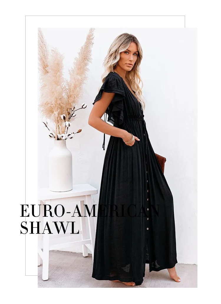 เซ็กซี่บิกินี่ COVER-UPS ยาวเสื้อสีขาวสบายๆชุดชายหาดฤดูร้อน Elegant เสื้อผ้าผู้หญิงชายหาดสวมชุดว่ายน้ํา Q1982