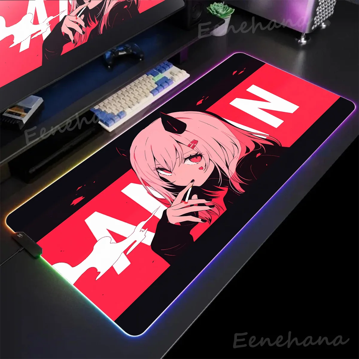 

RGB Mouse Pad Cigarette Girl Laptop Mat Gaming Mousepad Backlit Keyboard Gamer Girl Table Pads Deskpad Colorful Lumious Mausepad