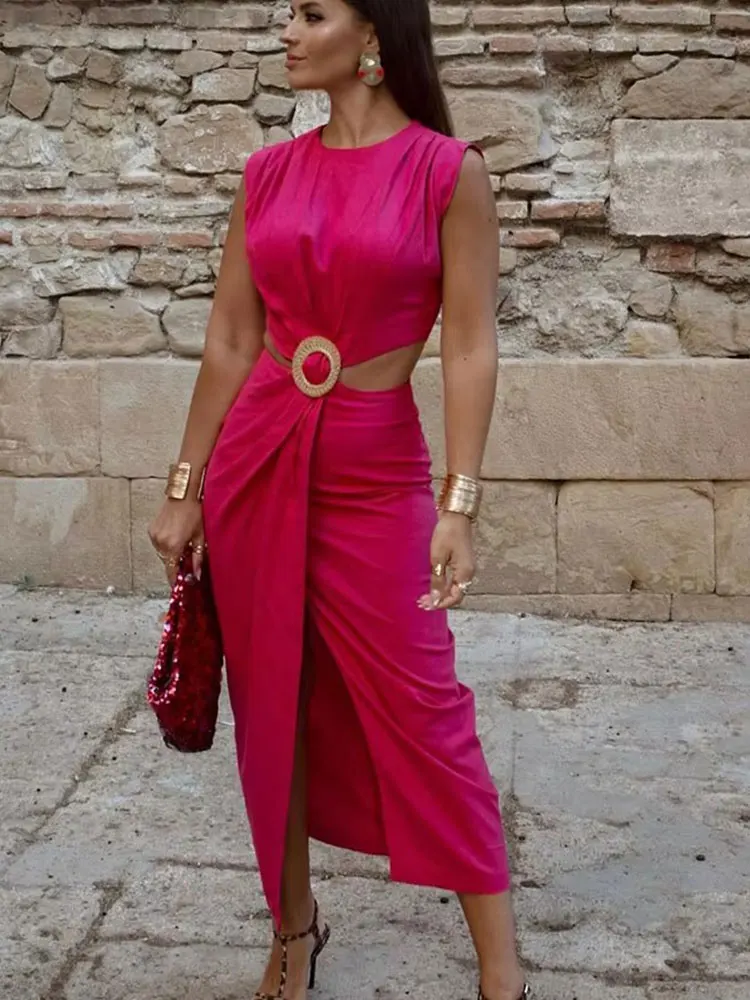 HH Women Waist Opening Design Dress Solid O Neck Sleeveless Split Dresses Slim Woman Elegant Evening Dress Vestidos Mujer