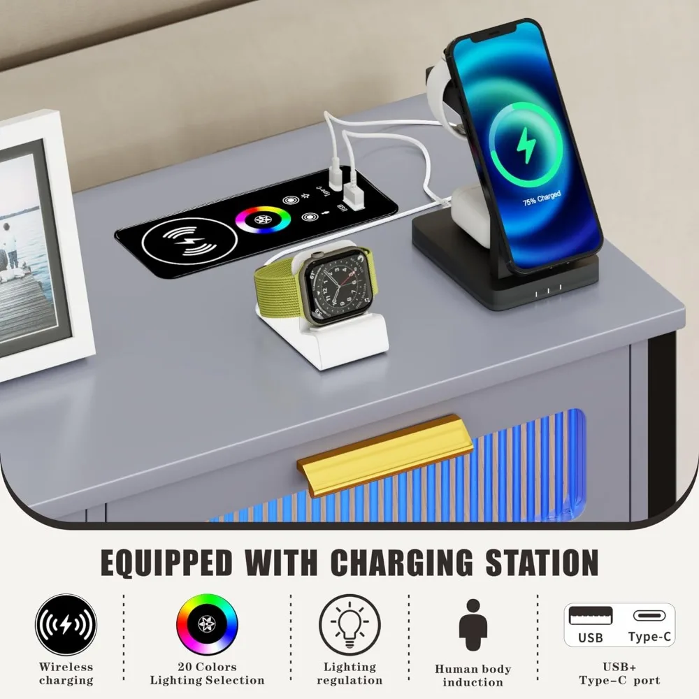 Console Table with LED Light, Entryway Table with Storage Drawers & Shelves, Narrow Long Sofa Table with Chars for Living