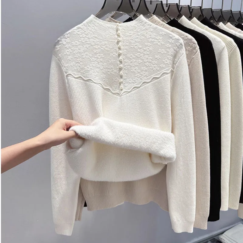 Women's Half-turtleneck Sweater fleece-lined Thick Base Sweater Lace Inner Pullover Sweater Female Warm Top Autumn Winter 2025