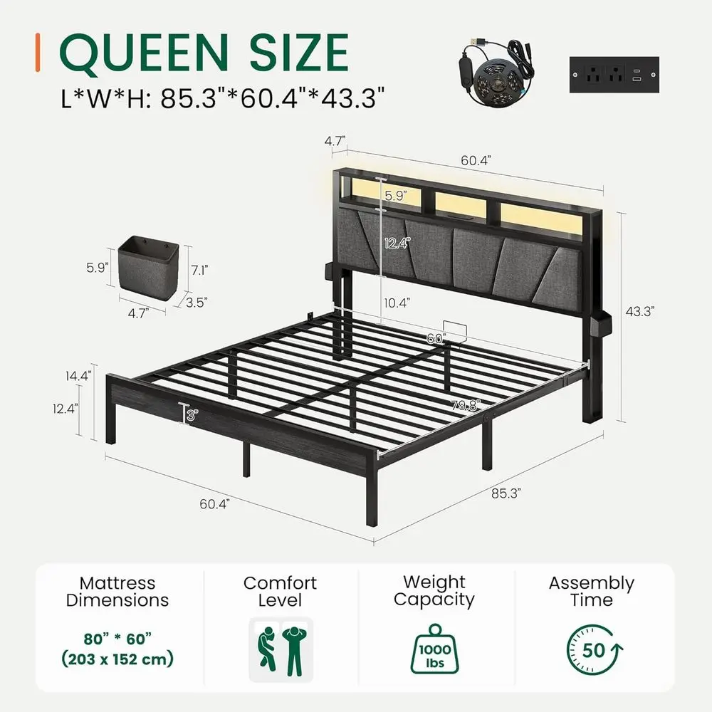 Queen Size Bed with LED Light & Charging Station, Upholstered, Metal Platform Bed with 2-Tier Storage, No Box Spring Needed, Eas