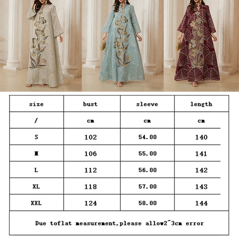 NEW V-Neck Muslim Abaya Luxury Caftan Colorful Embroidery Large Flower Leaves for Saudi Arabian Dubai Evening Party Dresses Robe