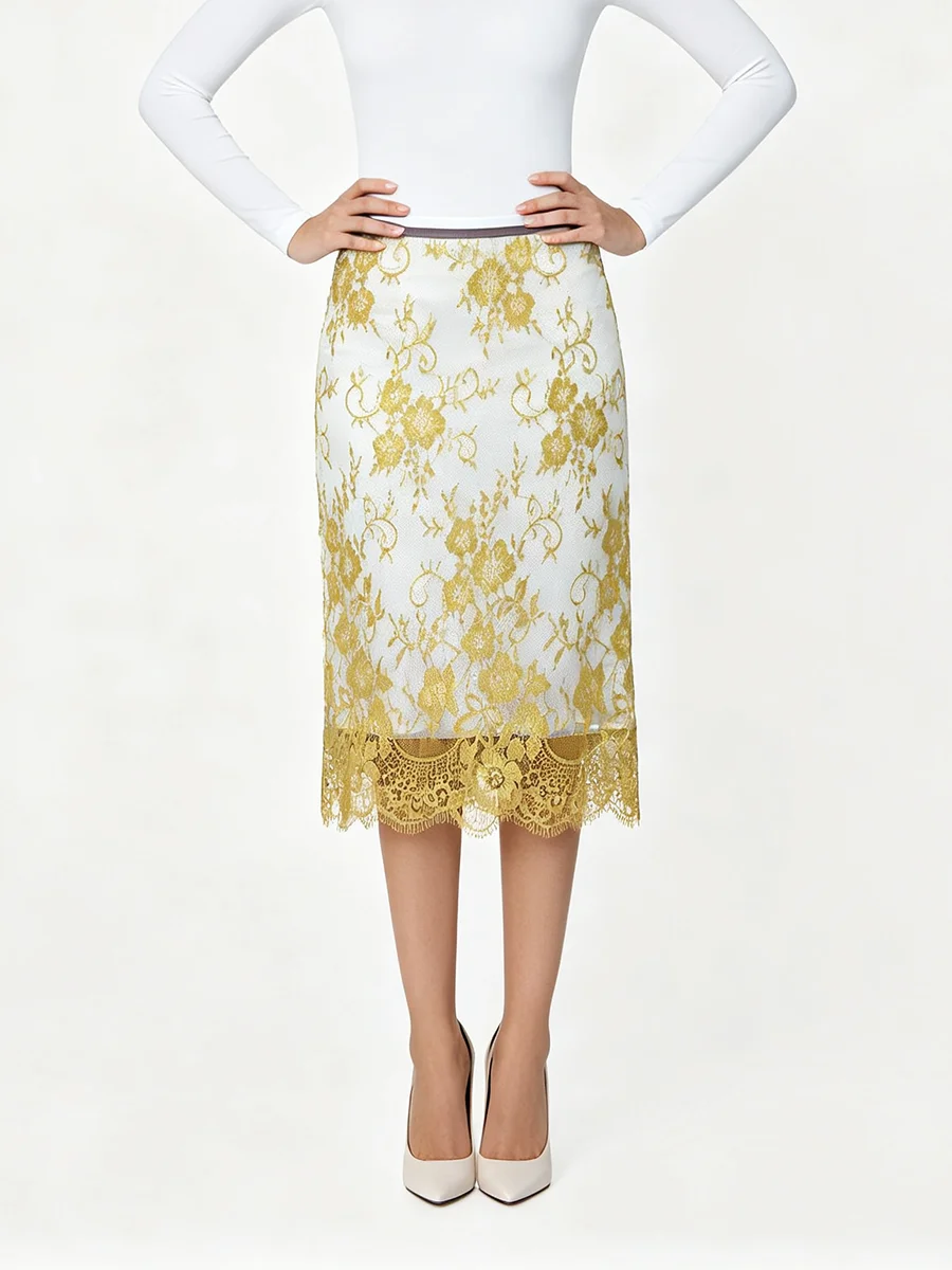 TWOTWINSTYLE Flower Spliced Lace Slimming Midi Skirt for Women High Waist Patchwork Zipper Sheer Casual Skirts Female Fashion