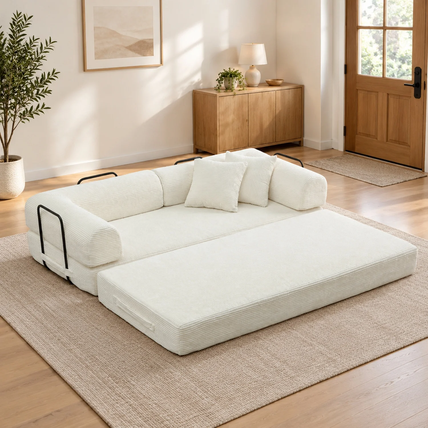 Convertible Sleeper Sofa Bed, Corduroy Folding with Fixed-Shape Frame, Out Floor Mattress Couch, Lazy Compression for Living