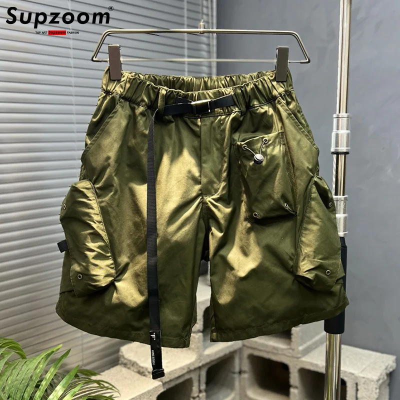 Supzoom New Arrival Top Fashion Summer Loose Casual Belt Design High Street Trendy grid Stitching Pocket Personalized Shorts Men