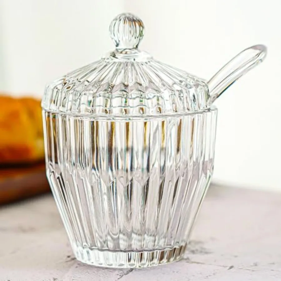 

1 Pack Glass Sugar Bowl with Lid and Spoon Serving Spoon Salt Pot Sugar Holder Seasoning Pot Dispenser Container for Home Kitch