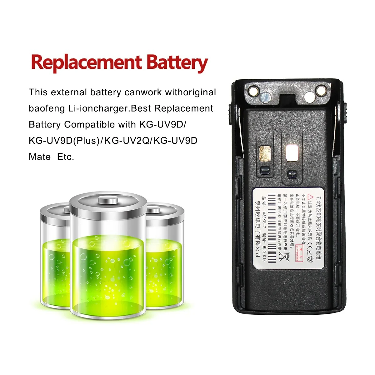 Batteria di Ricambio KG-UV9D Plus con Ricarica Type-C 7.4V 2200mAh ad Alta Capacità per Walkie-Talkie KG-UV9D KG-UV2Q/KG-UV9DMate