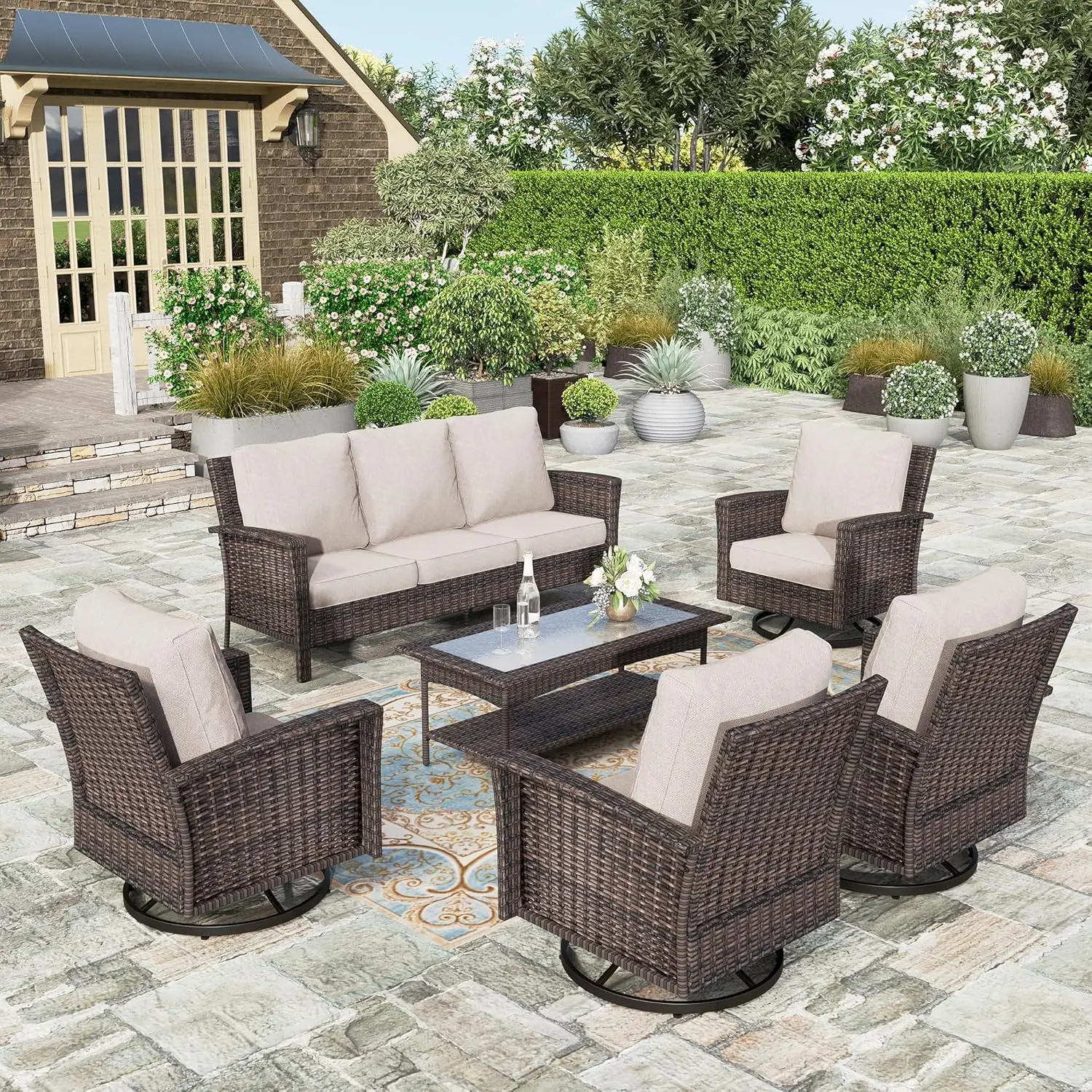 

Patio Furniture Sets, Outdoor Wicker Furniture with 4 x High Back Swivel Chair, 6 Pieces Sectional Sofa Couch Conversation Set