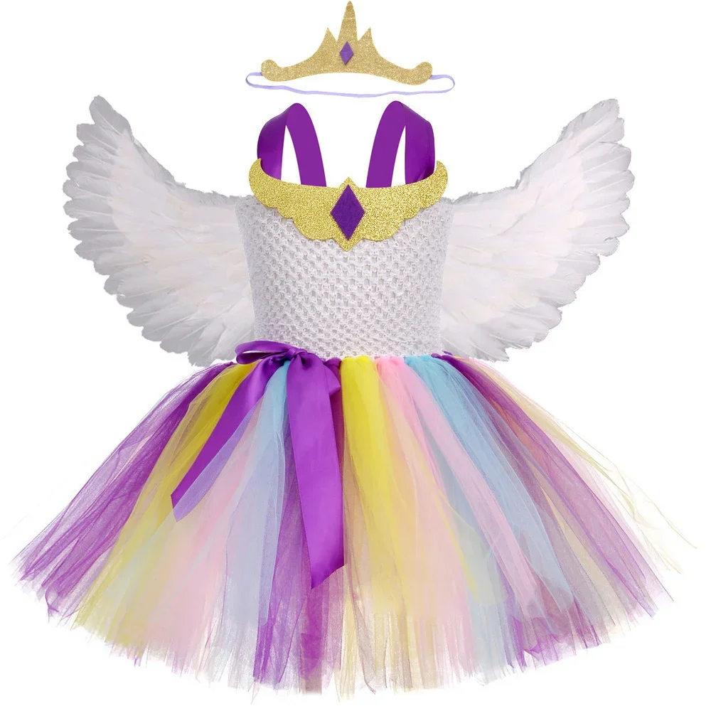 Girls Angel Ballet Tutus Dress for Unicorn Princess Celestie Costumes with Feathers Wings Kids Halloween Clothes New Year Outfit