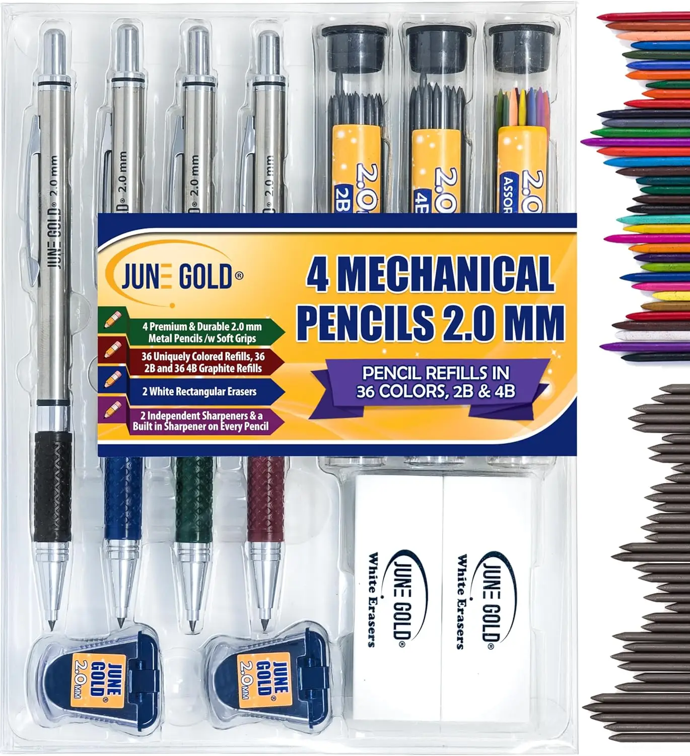

4 Pro 2.0mm Mechanical Pencils with 108 Lead Refills, Sharpeners & Erasers for Drawing and Office Use