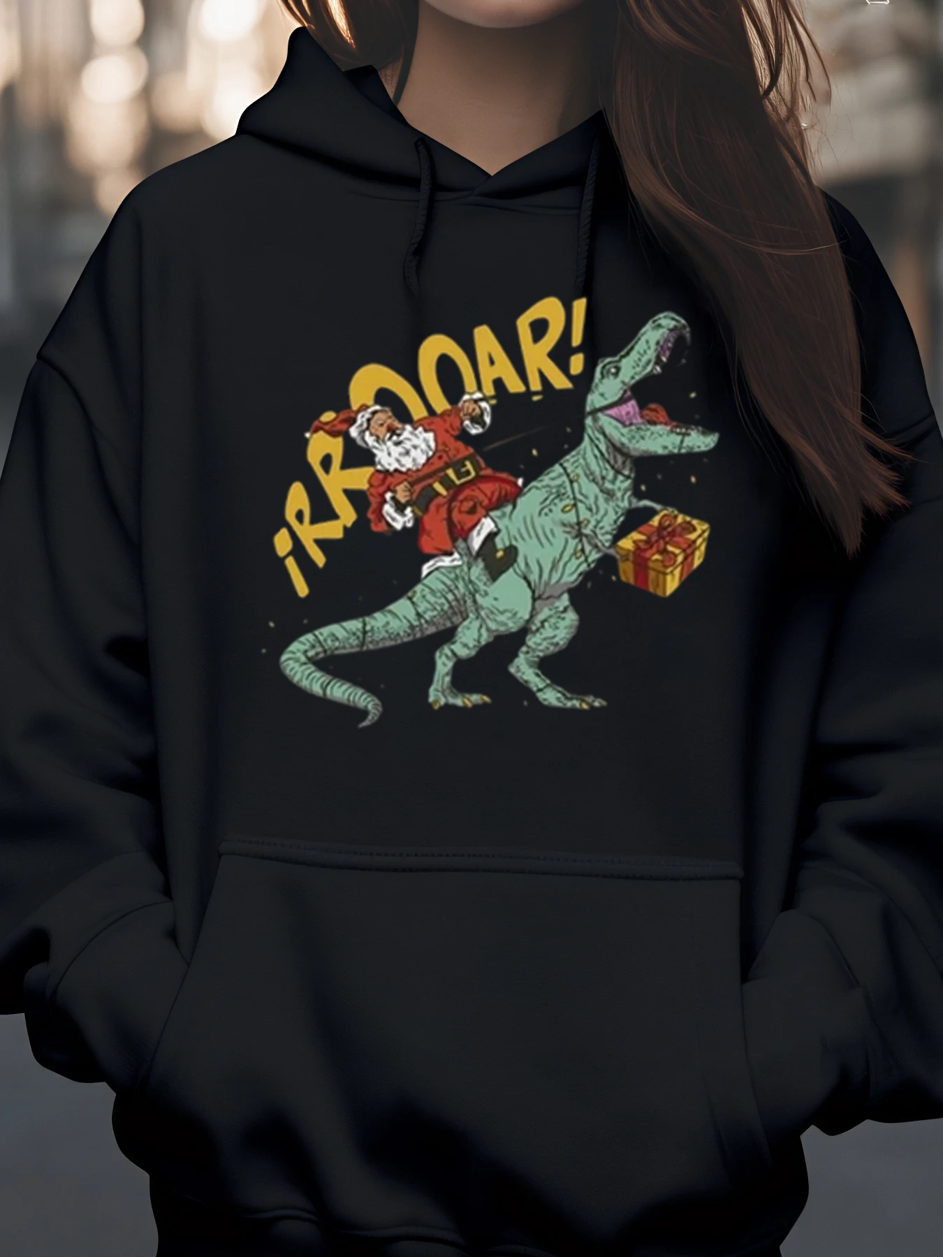 سترة بقلنسوة لعيد الميلاد على شكل ديناصور ركوب الدراجات من سانتا للنساء والرجال