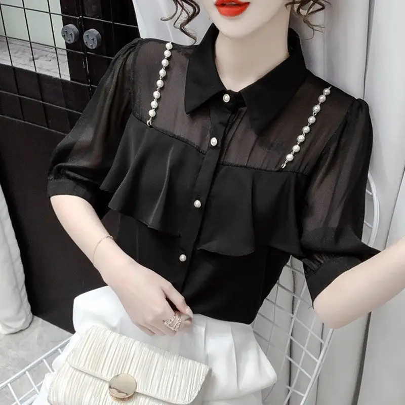 

Шифоновая блузка с эффектом похудения, корейский стиль, модный универсальный дизайн, лето 2023, трендовый воротник S...