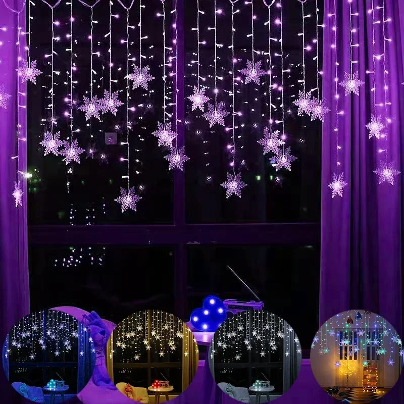 Cortina LED para decoración interior y exterior de Año Nuevo, cadena de luces de copo de nieve, iluminación ondulada, decoraciones navideñas para