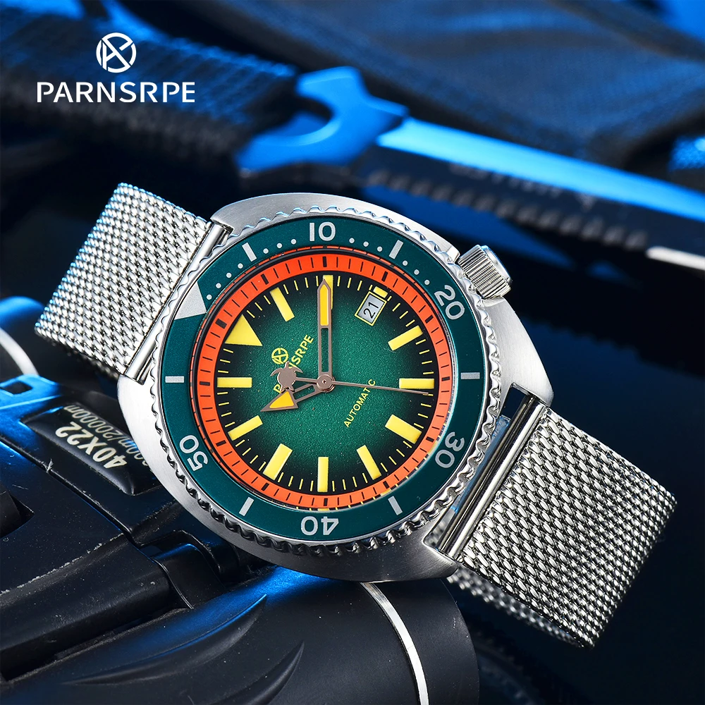 PARNSRPE Diver Relógio Mecânico Automático Masculino Japão NH35 Movimento Asséptico Mostrador Vidro Safira Indicador de Data