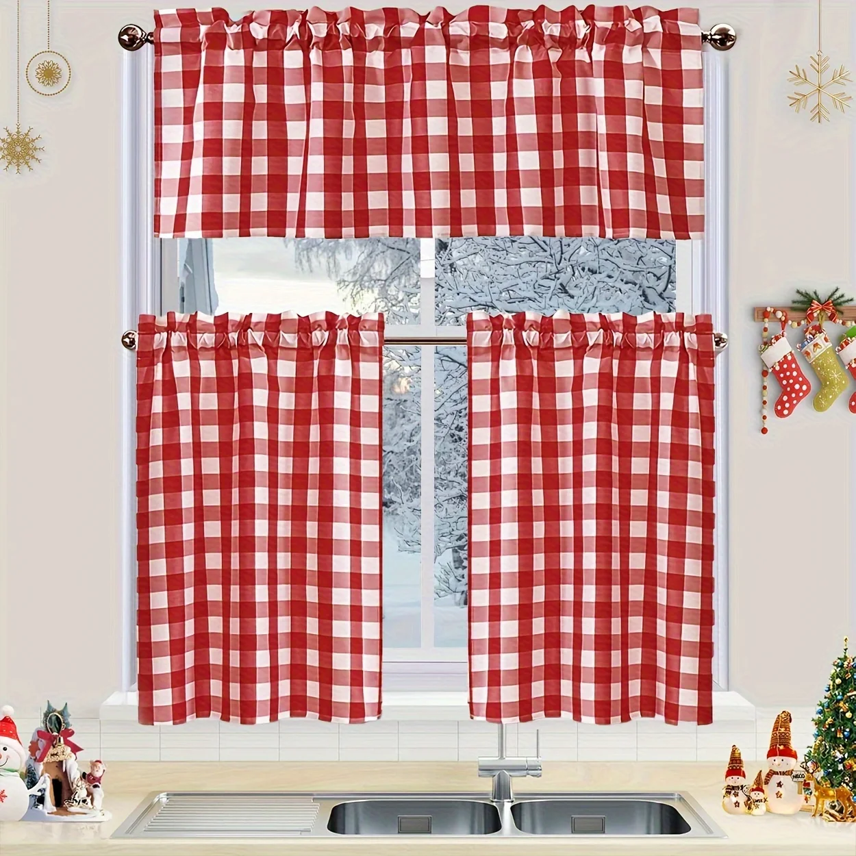 1 Set, Christmas Decoration Red Plaid Small Curtain Set, Rod Pocket Installation, Suitable for Living Room, Bedroom, Kitchen, Rv, Cabinet, Basement