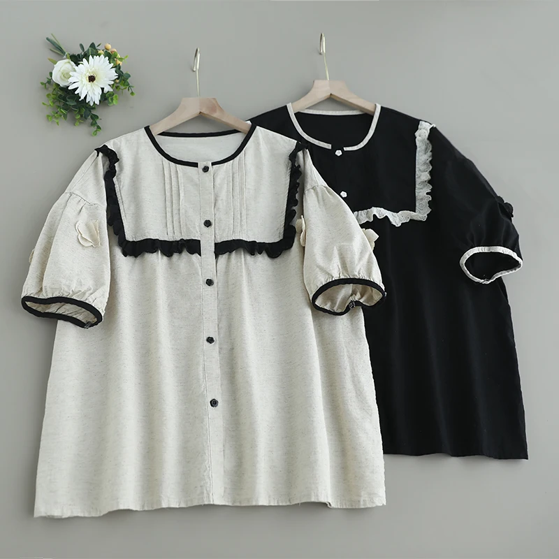 

Summer New Japanese Sweet Mori Girl Lace Patchwork Cotton Linen Shirts Women O-Neck Short Sleeve Single Breasted Blouse Tops