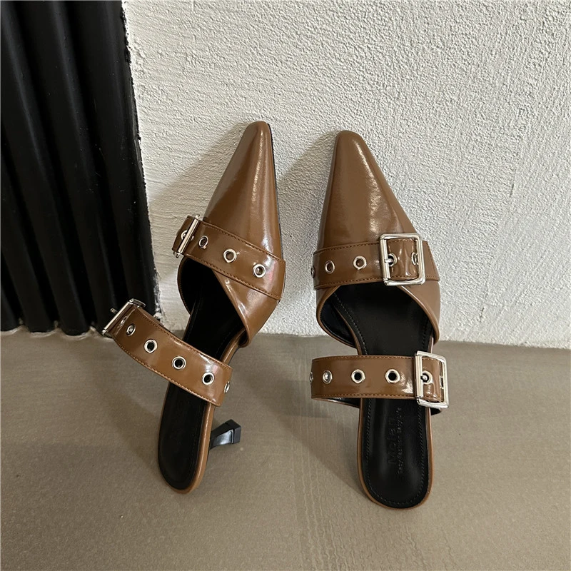 

Slingback Shoes Gothic Stiletto Heels Women's Pumps Rivet Street Style Mid Heel Punk Vintage Casual Sandals Summer Slippers 2024