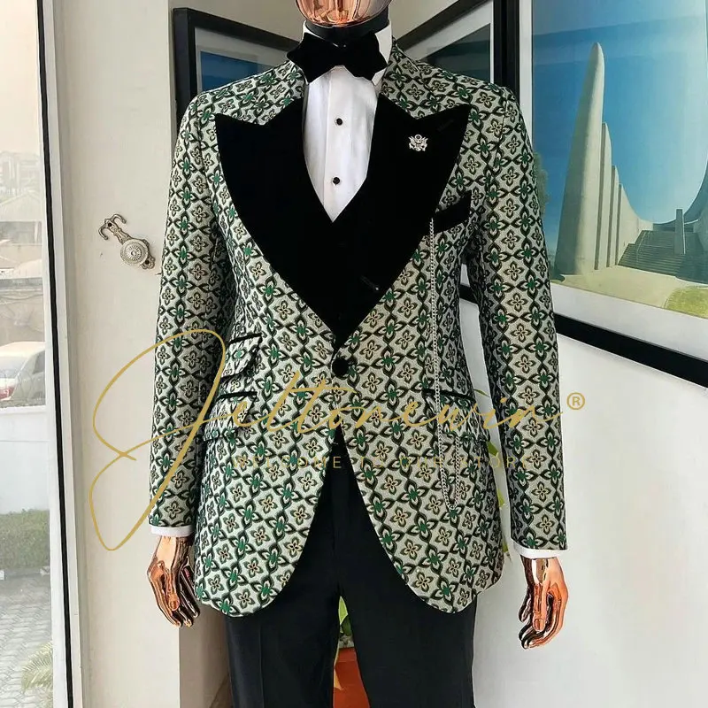 

Latest Designs Classic Green Floral Party Men Suits Costume Homme Groom Tuxedos For Wedding Terno Masculino 3 Pieces