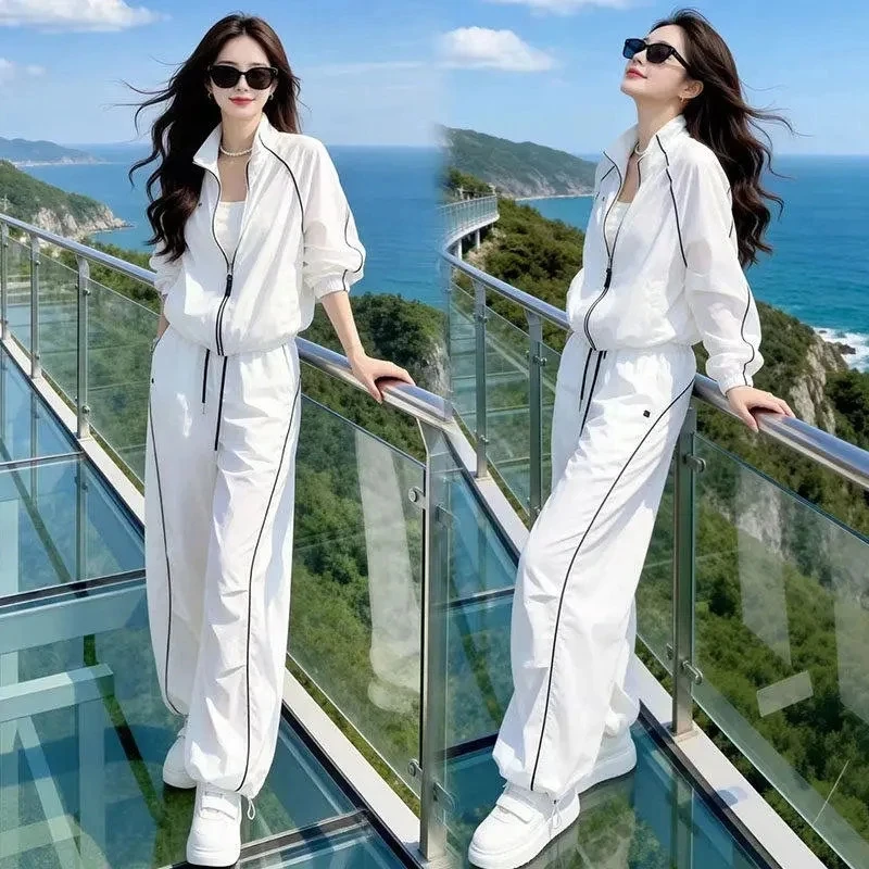 2026 Summer New Sunscreen Leisure Sports Set For Women Loose Thin Zipper Jacket Wide Leg Pants Two Piece Suit Female Outfits