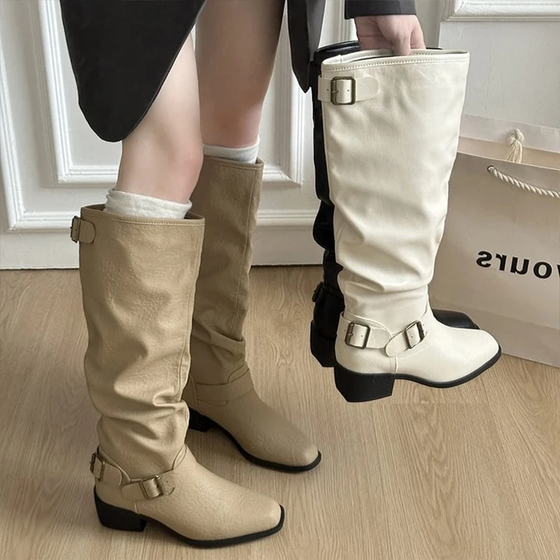 امرأة أحذية الركبة عالية حذاء بكعب سميك أحذية الشتاء الاتجاه الشرير القوطية جديد جلد موضة أحذية نسائية 2025 ماركة دراجة نارية بوتاس #4
