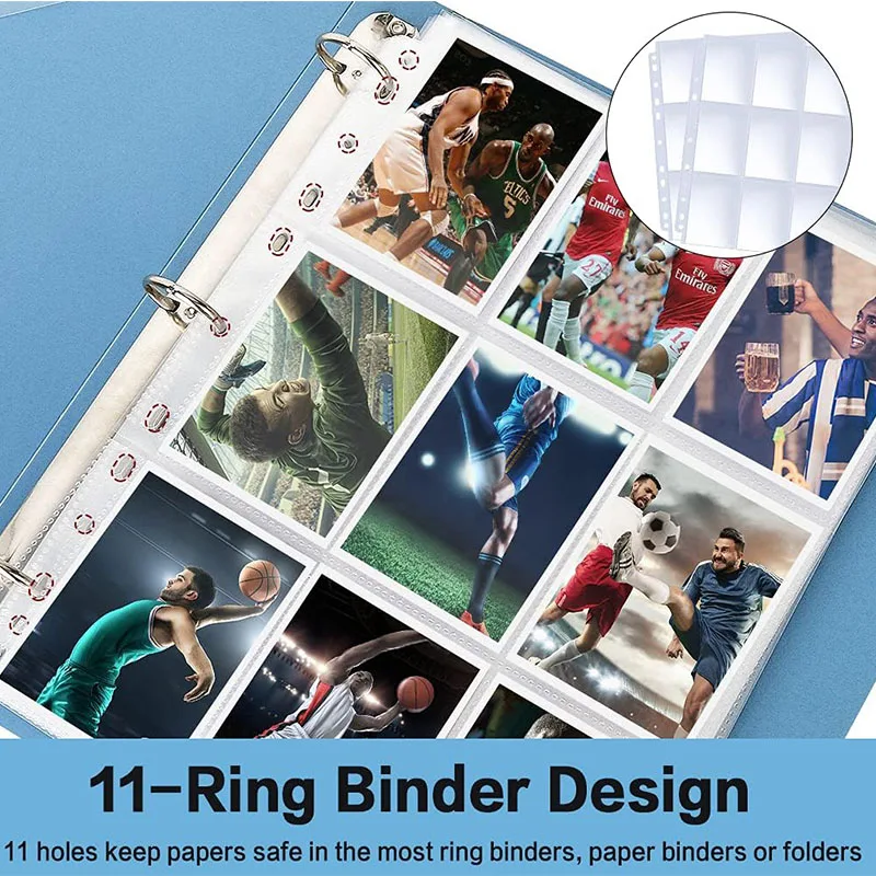 50 Page 11 Holes Trading Card Sleeves Binder Double Side 9 Pocket Baseball Card Binder Sleeves Fit For 3 Ring Binder Card Holder