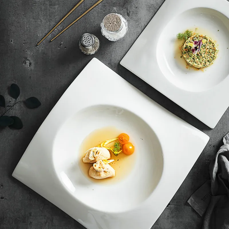 

Белая квадратная керамическая тарелка для супа, соломенная шляпа, поднос для фруктов, посуда для отеля, ресторана, десертная домашняя кухонная посуда